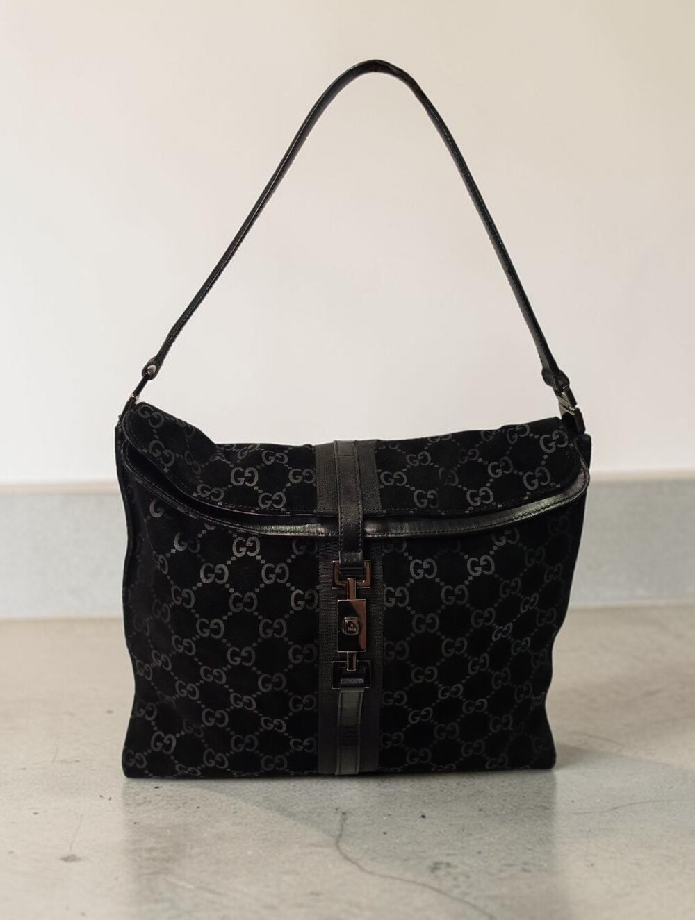 Vintage Gucci Jackie Tom Ford Era Black GG Monogram Suede Shoulder Bag Purse